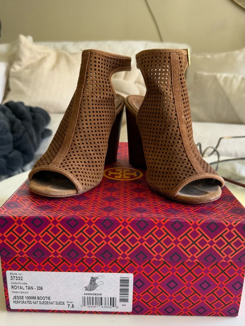 Tory Burch Brown Perforated Suede Peep-Toe Block Heel Booties